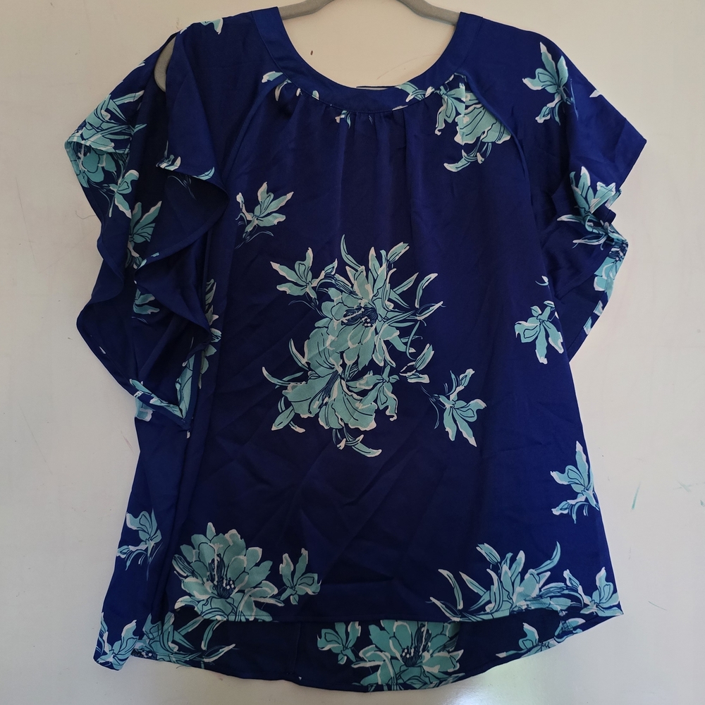 Liz Claiborne Blue Ruffled Short Sleeve Blouse